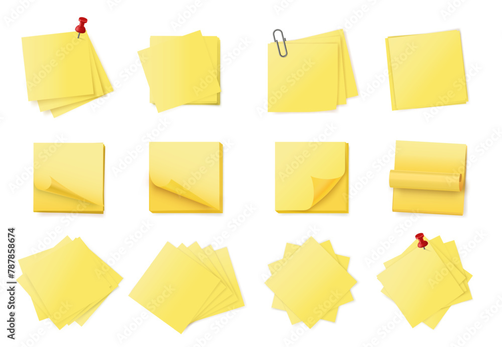 Poster yellow sticky note stack. stacked adhesive notes pads with curled corner, paper clips and push pins.