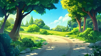 Cartoon summer nature landscape with a dirt road in the forest. Modern template for animation with separated layers, scenery view with tree trunks, green grass, bushes and sunlight. - obrazy, fototapety, plakaty