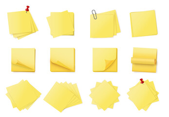 Yellow sticky note stack. Stacked adhesive notes pads with curled corner, paper clips and push pins. Empty notes, reminders or office messages backgrounds vector set