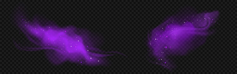 Purple magic smoke effect with light and sparkle. Air breeze flow isolated. Fog cloud abstract realistic transparent vector. Dream smokey tail with shimmer flying. Neon wizardry powder spell swirl