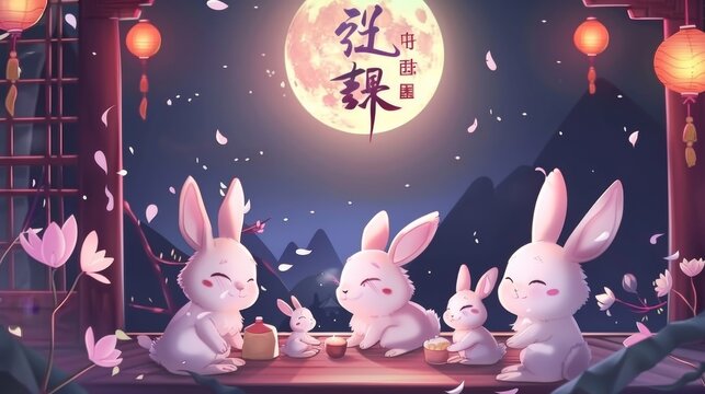 This banner depicts jade rabbits having a gathering at home with family and watching a moon at night at Mid Autumn Festival. It is written in Chinese.