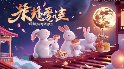 A poster for the Mid Autumn Festival shows a family of moon rabbits enjoying dessert and watching the full moon at the mooncake house. The name of the holiday and the 15th of the 8th lunar month are