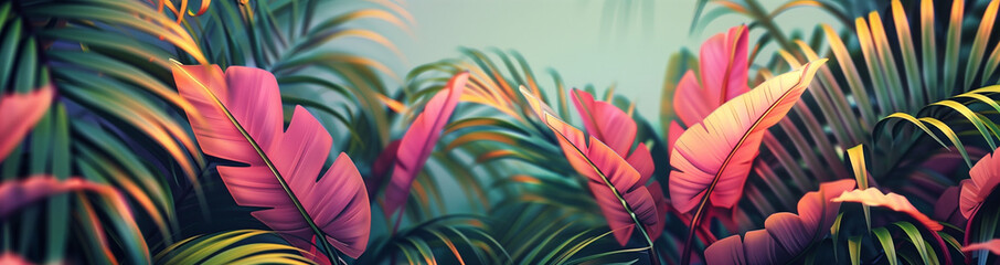 Lush tropical jungle flora in vivid colors, stylized summer vibes island palm tree foliage, bird of paradise plant leaves