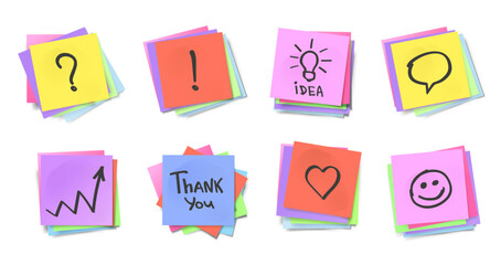 Sticky note messages. Stacked colorful adhesive notes, reminder pads with question mark, exclamation point, light bulb idea, speech bubble, growth chart
