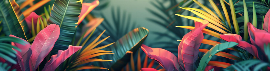 Dense tropical jungle backdrop with summer vibe, island life palm plants, bird of paradise tree plant leaves