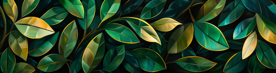 Vibrant green leaves with golden accents, natural tropical leaf pattern summer background bold tones