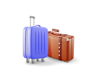 3D vintage old and modern travel suitcase isolated. Render leather retro bag. Brown briefcase with belts. Travel baggage and luggage. Holiday or vacation. Transportation concept. Vector illustration