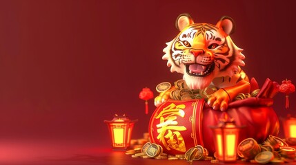 On this scroll, the text "Wishing you a very happy Chinese New Year" is written in Chinese, showing a 3D rendering of the tiger emerging from a glowing lucky bag full of money.