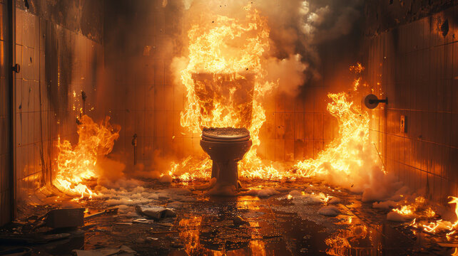 an office toilet cubicle in flames after being hit by a tank shell.generative ai
