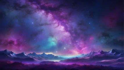 Fotobehang Lovely fantasy starry night sky with vibrant blue and purple, a galaxy, and auroras in 4K resolution wallpaper © Ashan