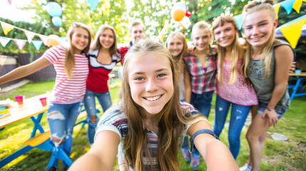 Happy Woman Selfie with Friends on Patio"Joyful Lunch Party"

