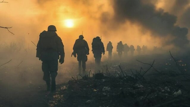 A group of soldiers are walking through a foggy field 4K motion