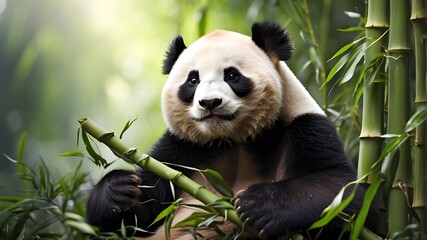 Massive panda consuming bamboo HD 8K wallpaper Stock Photo - obrazy, fototapety, plakaty