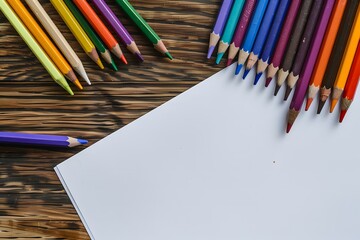 Obraz premium Colored pencils and white paper on a wooden table.