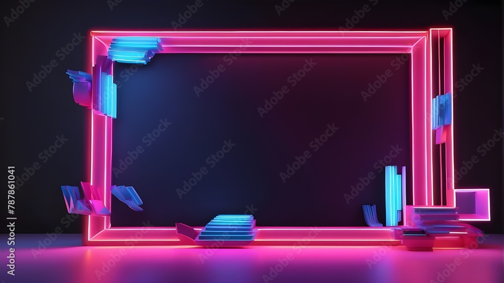 Poster color animation produced by a computer. 3d rendering of a pink and blue neon frame set against a bla