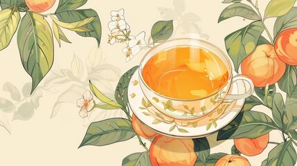 An oolong tea ad template with illustrated packages and tea bags. It has embroidered patches and a border designed in a vintage style. - obrazy, fototapety, plakaty