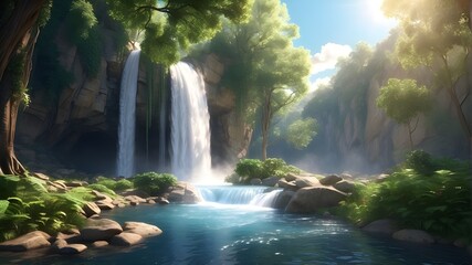 Gorgeous 3D nature and environment wallpaper featuring a sun-rayed waterfall in a forest - obrazy, fototapety, plakaty
