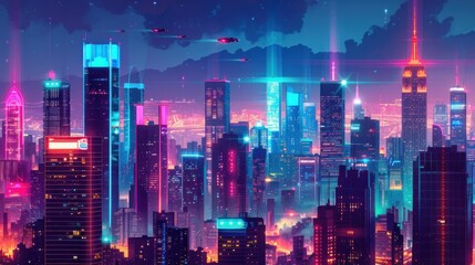 A cityscape with neon lights