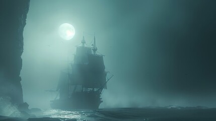 A large ship sails in the dark ocean with a full moon in the background