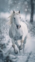 A white horse is running through the snow