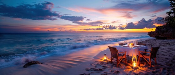 A beach scene with a table and chairs set up for a romantic dinner - obrazy, fototapety, plakaty