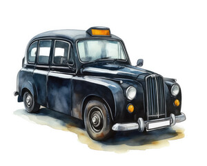 Black London Cab. Watercolor illustration isolated on white background. Landmark of England.  - obrazy, fototapety, plakaty