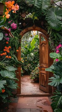 A door is open in a lush green garden