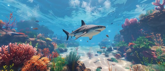 A shark is swimming in a coral reef with many fish