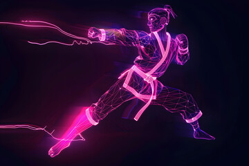 Neon wireframe illustration of taekwondo black belt practicing kicks isotated on black background.