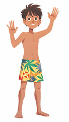 Boy in beach shorts stands in front and waves, cartoon anime style, flat colours, 2d