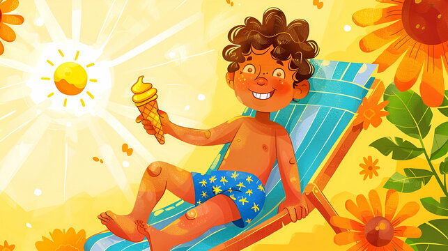  Five-year-old boy sitting in a sun lounger in style suitable for children. He is wearing blue swim shorts and holding an ice cream. Sun is shining

