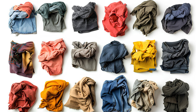 Collage of dirty clothes on white background