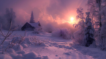 Winter Solstice snow-covered landscape at dusk highlight.  generative ai  - obrazy, fototapety, plakaty