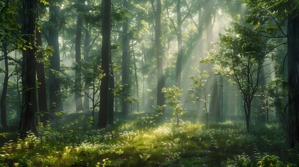  A serene forest glen bathed in the soft light of early morning, where hikers wander in awe of the natural splendor surrounding them. 
