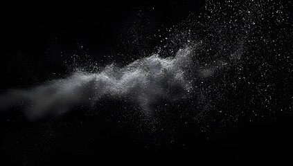 Freeze motion of white dust particles splash on black background.White powder explosion clouds.