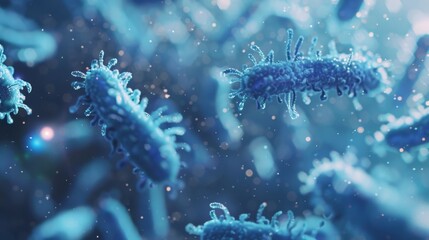 Blue 3D rendering of bacteria or viruses with bokeh background for medical use - obrazy, fototapety, plakaty