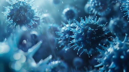 An overview of a 3D rendering of a bacteria or virus in blue that can be used for medical purposes, swimming cells