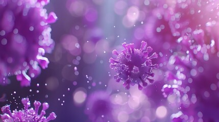 Virus rendered in purple on a bokeh background - obrazy, fototapety, plakaty