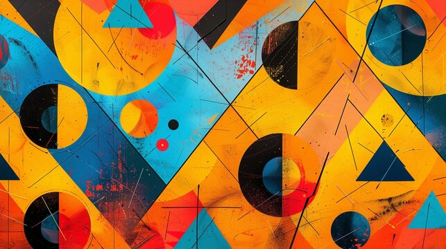 Vibrant triangles and circles intersecting in a kaleidoscope of yellow, orange, and blue hues on a retro-modern backdrop