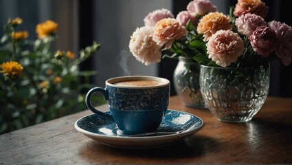 cup of coffee and flowers - obrazy, fototapety, plakaty