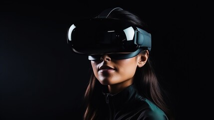 Young woman wearing virtual reality glasses isolated on black background