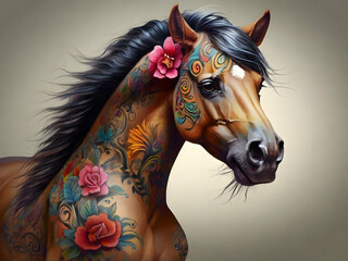 portrait of a horse , animal, brown, farm, portrait, head, mammal, white, stallion, nature, equine, equestrian,Ai generated 
