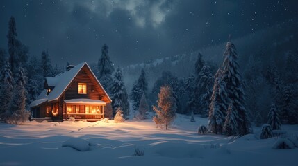 A lone log cabin radiates warmth with its glowing windows against the twilight of a tranquil,...