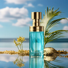 A product photoshoot of a long cylindrical plane transparent attar bottle with golden cylindrical cap , with blue attar in it in oceanic aqua background