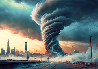 嵐の概念で都市を破壊する不気味な竜巻 - obrazy, fototapety, plakaty