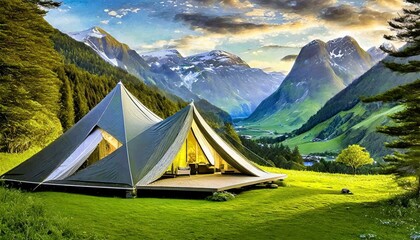 camping in the mountains A luxurious glamping retreat nestled in the majestic mountains and verdant countryside, offering discerning travelers an exclusive camping - obrazy, fototapety, plakaty