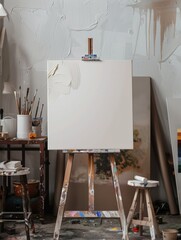 A white canvas on a wooden easel with a white canvas on it