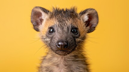   A tight shot of a small animal against a yellow backdrop, its face subtly blurred