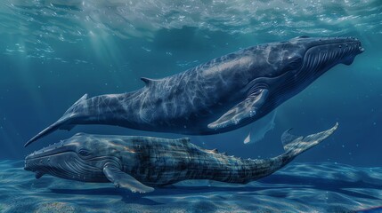 Fototapeta premium Modern blue whale compared to ancient fossils, size comparison, clear ocean backdrop, 