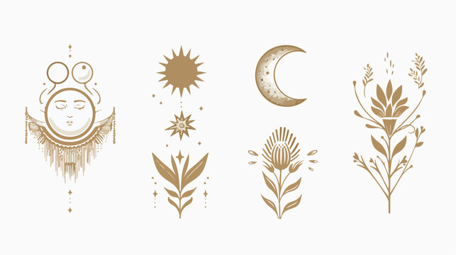 Four simple elegant and bohemian icons. Hand drawn vector